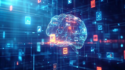 Fototapeta premium A conceptual AI brain, glowing with data streams, surrounded by icons showing personalized user recommendations, against a high-tech blue background.