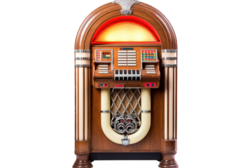 Antique jukebox with coin slot and song selection buttons, isolated on white background