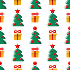 Seamless pattern with Christmas trees and gift boxes on a white background. Cute colorful festive background with 3d effect for Christmas and New Year. Fir trees and gifts pattern for wrapping paper