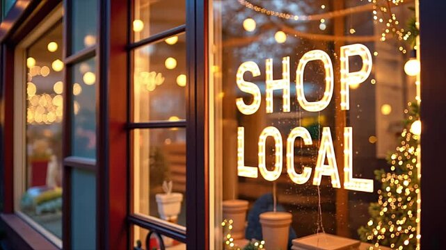 Christmas shop window. Shop Local sign with festive lights and holiday decor, Small business support. Shopping, sale, retail. Slow motion 4K video