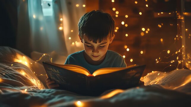 a cute young boy kids opens and reads a fairy tale story fantasy book and immerses with his childhood imagination in creative magic world sitting in his room