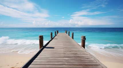Fototapeta premium Gentle ocean waves lapping at a tropical beach with a wooden pier extending into the water