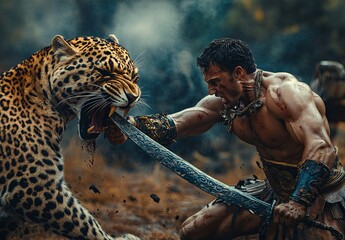 scene of a muscular gladiator fighting a fierce leopard in an ancient coliseum