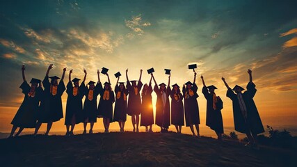 A group of graduates are standing on a hill, with the sun setting behind them. They are all holding their graduation caps and gowns, and are smiling and celebrating their achievements