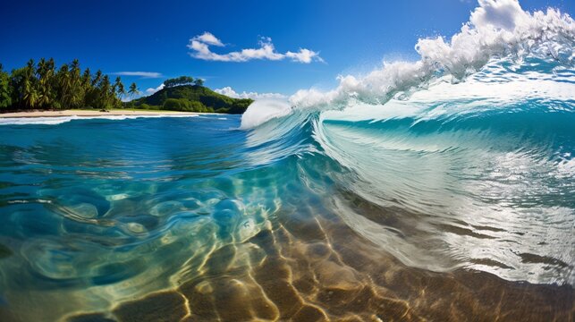 Waves rolling onto a tropical beach with a clear blue sky and distant islands