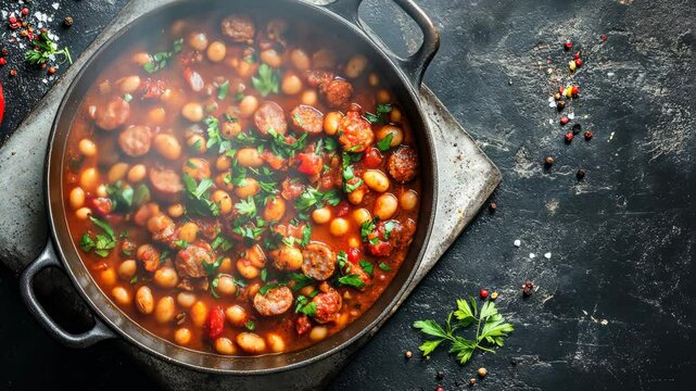 hearty beans stew with sausages, herbs and spices in tomato sauce in a metal casserole on a concrete table, fasolka po bretonsku, polish cuisine, view Video