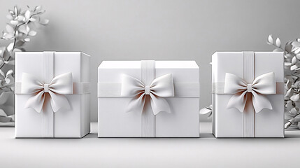 A collection of elegant white gift boxes with satin bows in a minimalist setting, perfect for holiday promotions, gift wrapping ideas, or product displays.