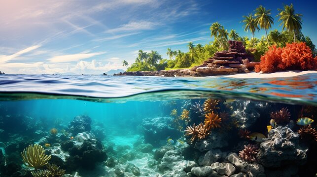 Waves rolling onto a tropical beach with a vibrant coral reef just offshore