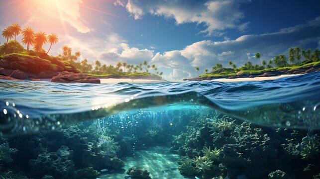 Waves rolling onto a tropical beach with a vibrant coral reef just offshore