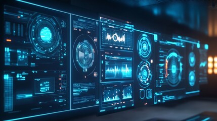 Obraz premium A futuristic control panel with personalized AI-generated suggestions displayed on floating screens, each screen showing a different aspect of life.