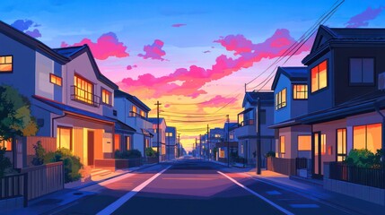 Fototapeta premium A peaceful suburban street at sunset, with houses lit up and a vibrant sky in the background.