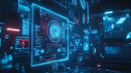 Obraz premium A futuristic digital interface showing an AI system providing personalized career advice, with holographic icons glowing in vibrant blue hues.