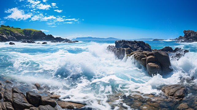 Waves breaking on a rocky outcrop on a tropical beach with a blue sky