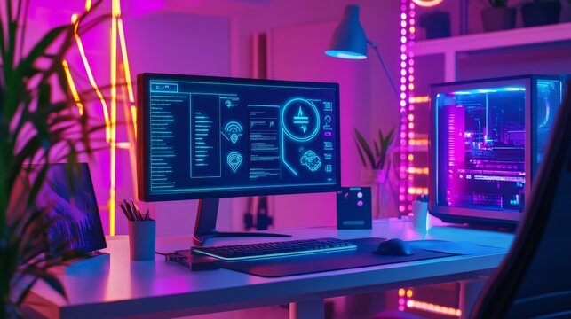 A futuristic desk setup with a holographic AI assistant displaying personalized reminders, health tips, and weather updates, glowing with bright neon lights.