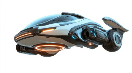Obraz premium A futuristic flying car hovering in mid-air, isolated on a white background