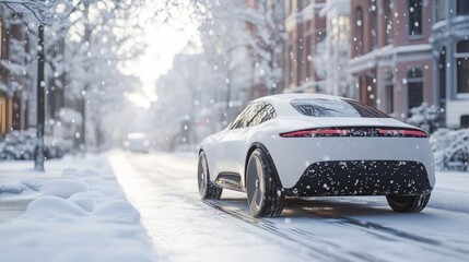 Modern White Electric Car Driving on Snowy City Street in Winter, Snowy Urban Landscape