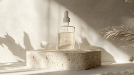 Skincare serum bottle on beige stone podium.