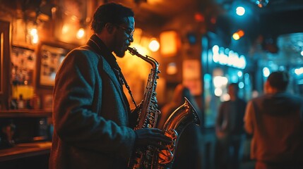 Saxophonist performs in dimly lit jazz club.