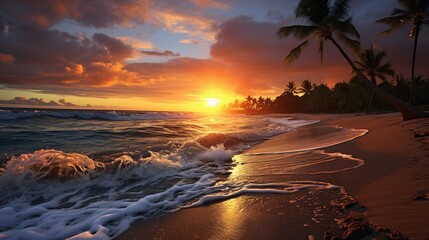 Waves crashing on a tropical beach at sunset with dramatic clouds