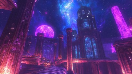 Obraz premium Futuristic city ruins under a vibrant nebula and pink moon.