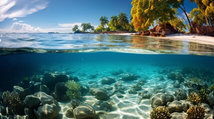 Fototapeta premium Tropical beach with calm ocean waves and a vibrant coral reef just offshore
