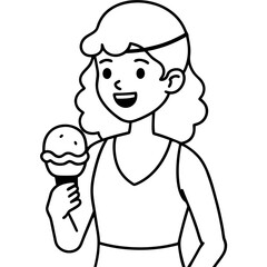 : girl with ice cream in waffle cone enjoys summer