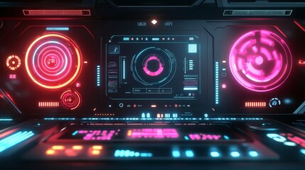 A high-tech AI interface with personalized suggestions for a user daily activities, glowing holographic panels with different colors.