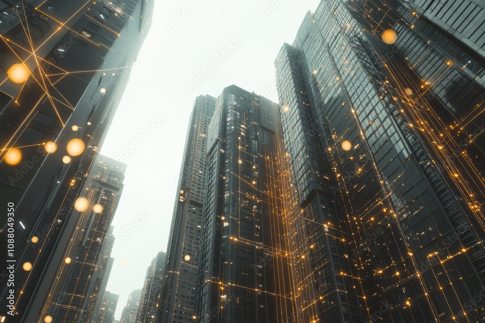 Leinwandbilder skyscrapers of a modern city are interconnected by glowing lines, illustrating the integration of ai