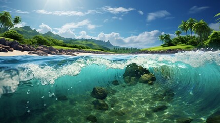 High tide waves on a tropical beach with a lush green backdrop and clear water