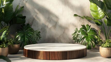 Marble and wood podium with tropical plants.
