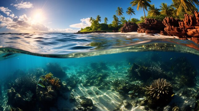 Gentle ocean waves rolling onto a tropical beach with vibrant coral reefs