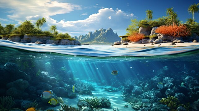 Gentle ocean waves rolling onto a tropical beach with vibrant coral reefs