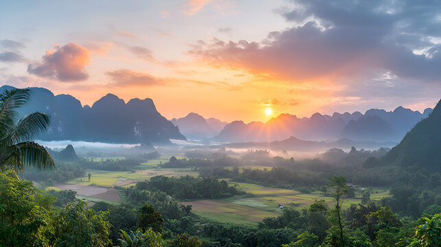 Sunrise Over Mountains - Dramatic sunlight breaking over mountain ranges. Suitable for marketing or business purposes. Panoramic banner with place for text