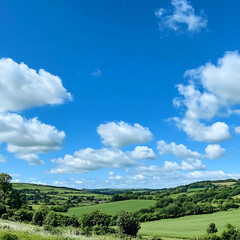 Obraz premium Lush Green Hills Under a Bright Blue Sky with Fluffy White Clouds Showcasing a Picturesque Countryside Landscape in Summer Season
