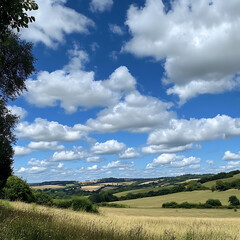 Lush Green Pastoral Landscape Under Dramatic Cloudy Sky with Rolling Hills and Fields of Grain in Summer's Embrace Capturing Nature's Tranquil Beauty