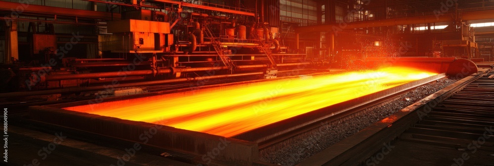 Poster molten steel pours from a furnace, creating a dramatic display of fire and light in a bustling indus