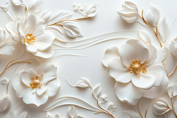 White 3D Flowers on White Background in Art Deco Style