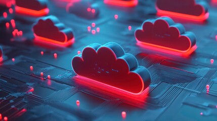 A close-up of glowing red cloud icons over a blue circuit board, representing the concept of cloud computing.