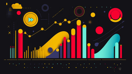 Abstract black background with 3D Colorful charts and graphs with statistics to innovative analyze business potential and forecast future development of companies growth.