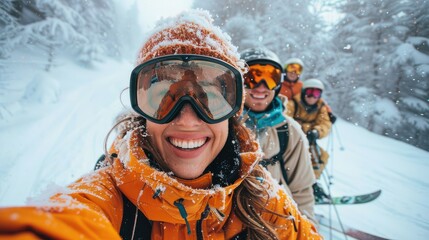 Happy skiers take a selfie in snowy mountains.
