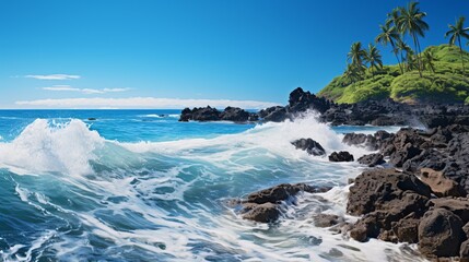 Fototapeta premium Waves crashing against a rocky outcrop on a tropical beach with a clear blue sky