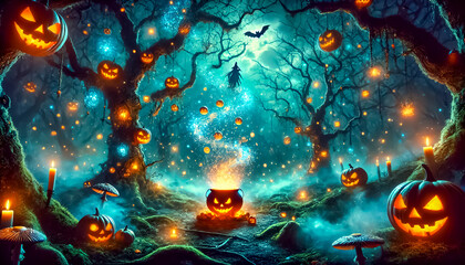 Fototapeta premium Mystical Halloween Forest with Eerie Blue and Orange Lights, Enchanted Jack-O-Lanterns, and a Magical Yet Spooky Atmosphere