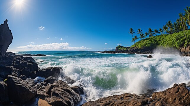 Waves crashing against a rocky outcrop on a tropical beach with a clear blue sky
