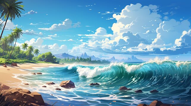 Tropical beach with rolling ocean waves and a bright blue sky