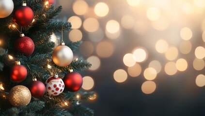 Obraz premium Charming Christmas Tree with Red Ribbons and Sparkling Golden Ornaments