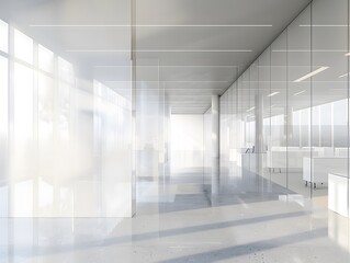 A bright, modern office interior with glass walls and polished floors.