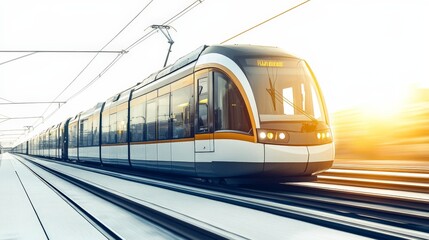 Naklejka premium A modern light rail train gliding along tracks, isolated on a white background