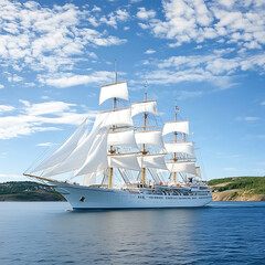 Obraz premium Majestic Tall Ship Sailing Through Calm Waters Under a Bright Blue Sky Surrounded by Lush Green Hills and Fluffy White Clouds