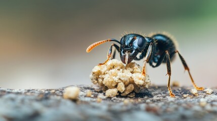 Ant carrying food in macro photography