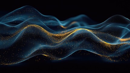 Fototapeta premium Abstract blue and gold particle wave flowing in dark space.